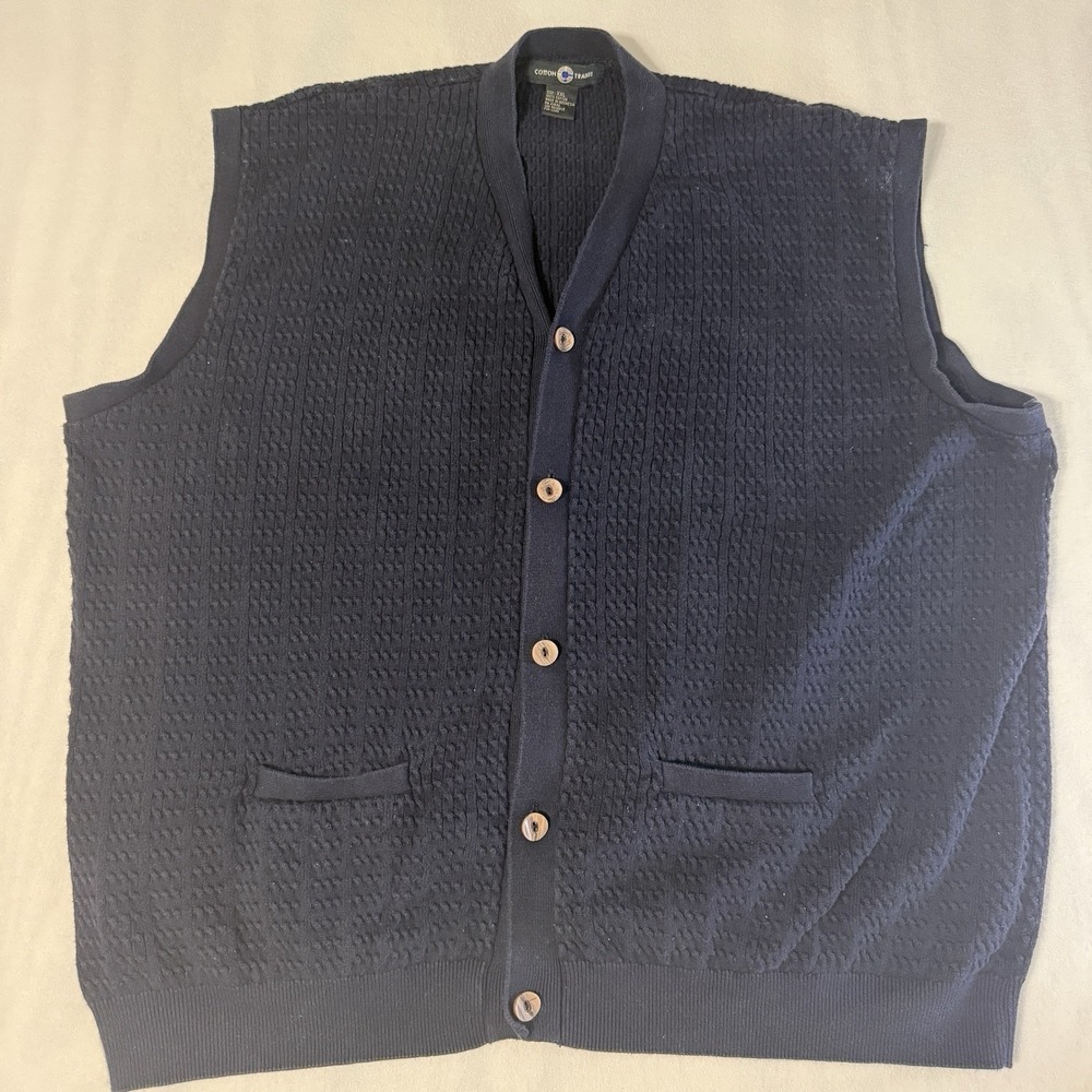 Vtg Cotton Traders Sweater Vest Mens Button Cardigan Grandpa Blue Old Money XXL